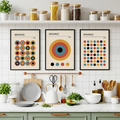 Colorful Bauhaus art prints above kitchen shelf with modern decor