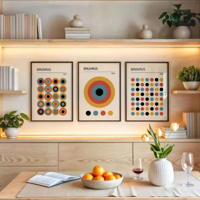 Bauhaus poster set above wood shelf with fruit and neutral accents