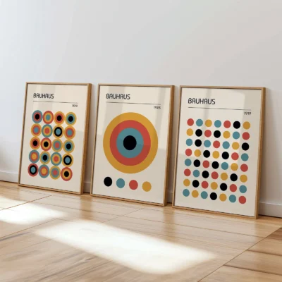 Leaning Bauhaus posters with concentric and dot-based designs