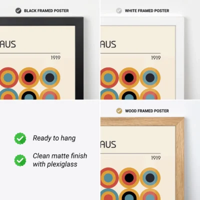 Close-up of Bauhaus circle print in black, white, and wood frames