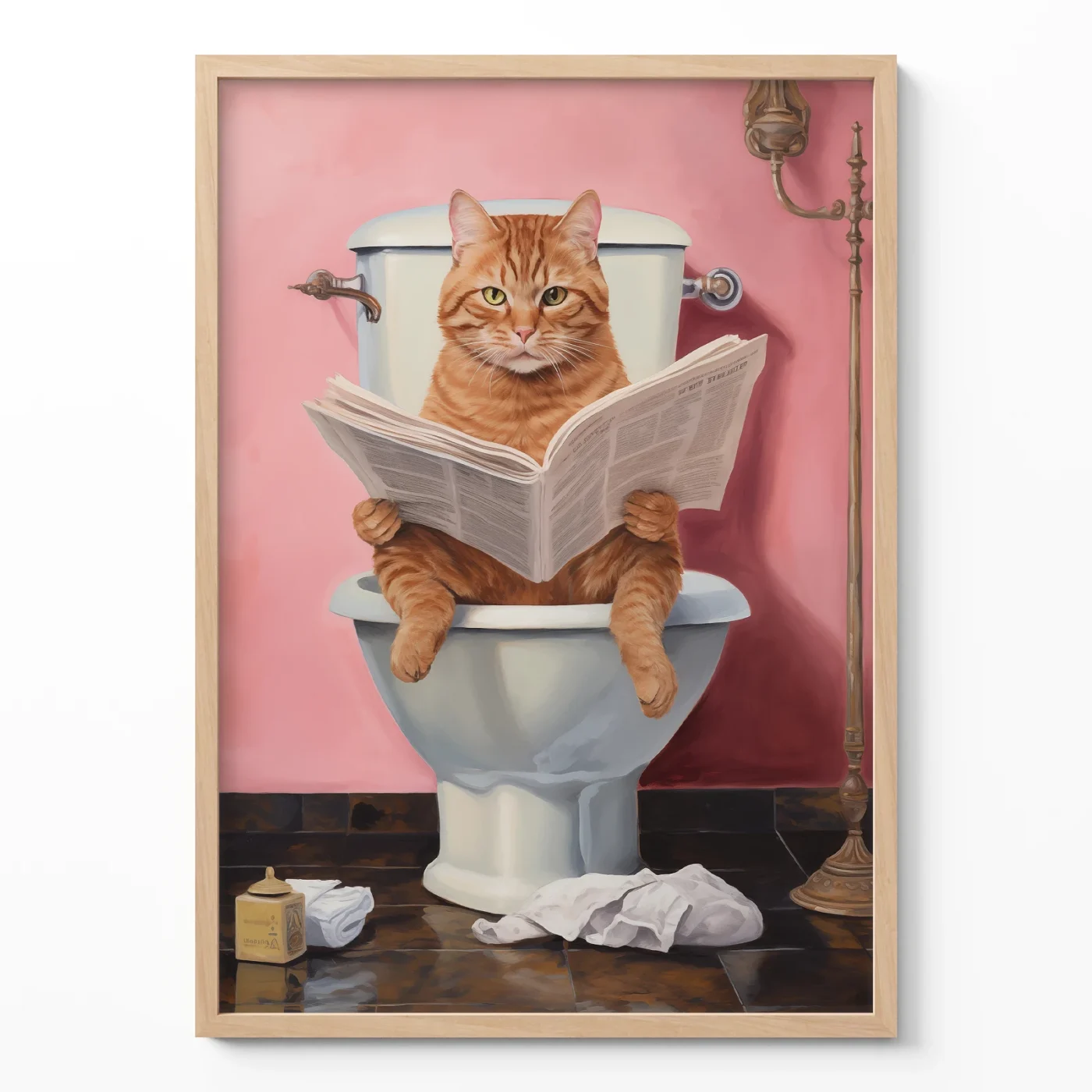 Cat toilet poster with orange tabby reading newspaper on toilet