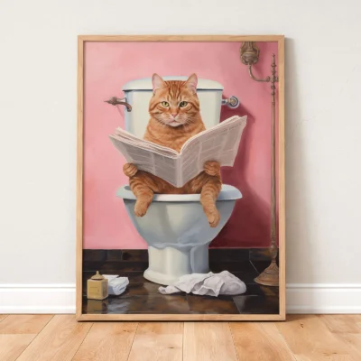 Cat toilet poster leaning framed with pink background and humor