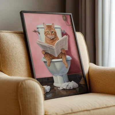 Cat toilet poster resting on chair with tabby and toilet scene