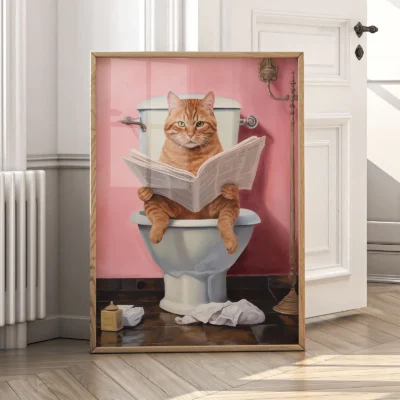 Cat toilet poster by entry door with humorous feline art