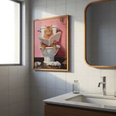 Cat toilet poster hanging in modern bathroom over sink