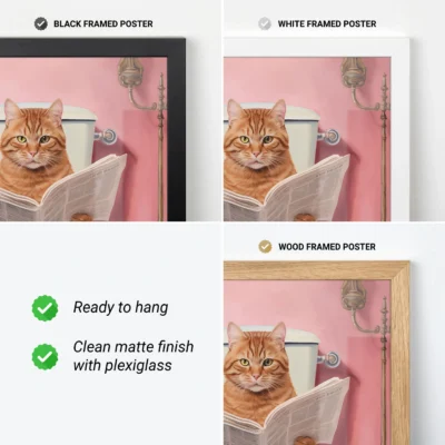 Cat toilet poster with framing options in black, white, and wood