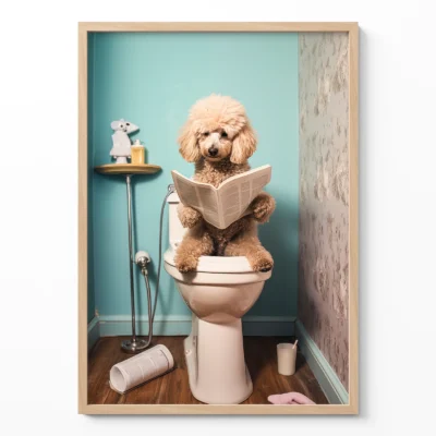 Dog on toilet reading newspaper with teal background, funny wall art