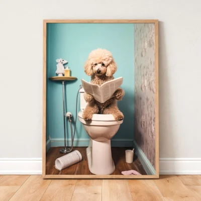 Dog on toilet reading newspaper poster leaning against wall