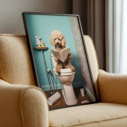 Dog on toilet reading newspaper print resting on armchair