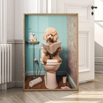 Dog on toilet reading newspaper artwork near white door