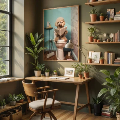 Dog on toilet reading newspaper poster above desk in green interior