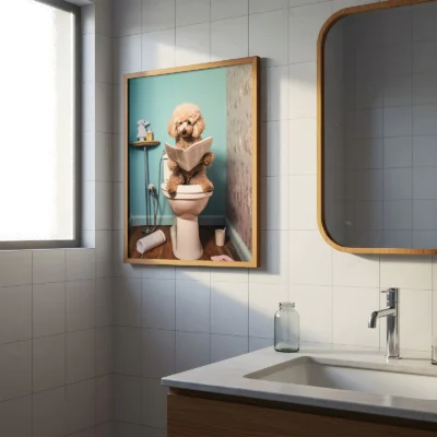 Dog on toilet reading newspaper print hanging in bathroom