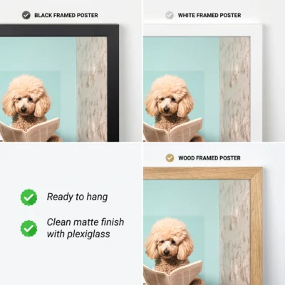 Dog on toilet reading newspaper with frame color options