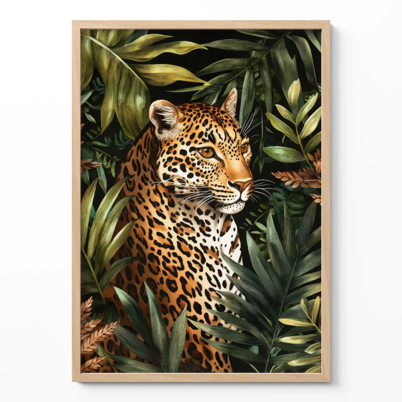 Leopard art print with detailed jungle foliage on white background