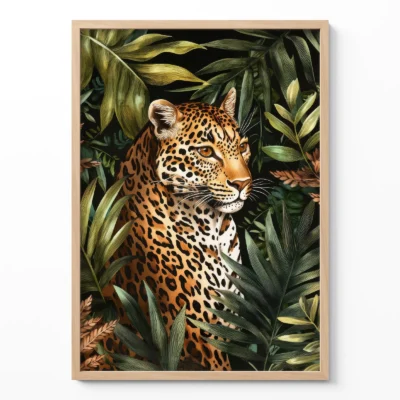 Leopard art print with detailed jungle foliage on white background