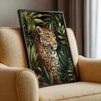 Leopard art print resting on armchair with jungle-themed design