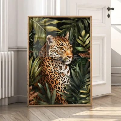 Leopard art print by door with bright natural light and tropical leaves