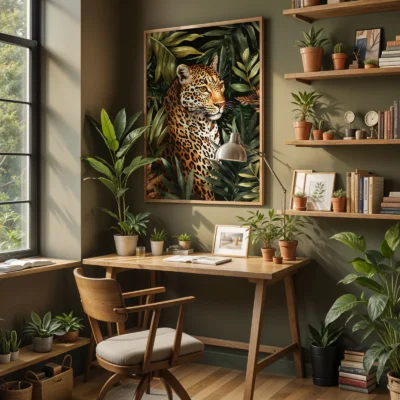Leopard art print on wall in stylish interior workspace