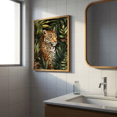 Leopard art print hanging in bathroom with white tile backdrop