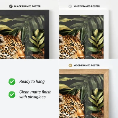 Leopard art print in black, white, and wood frame display options