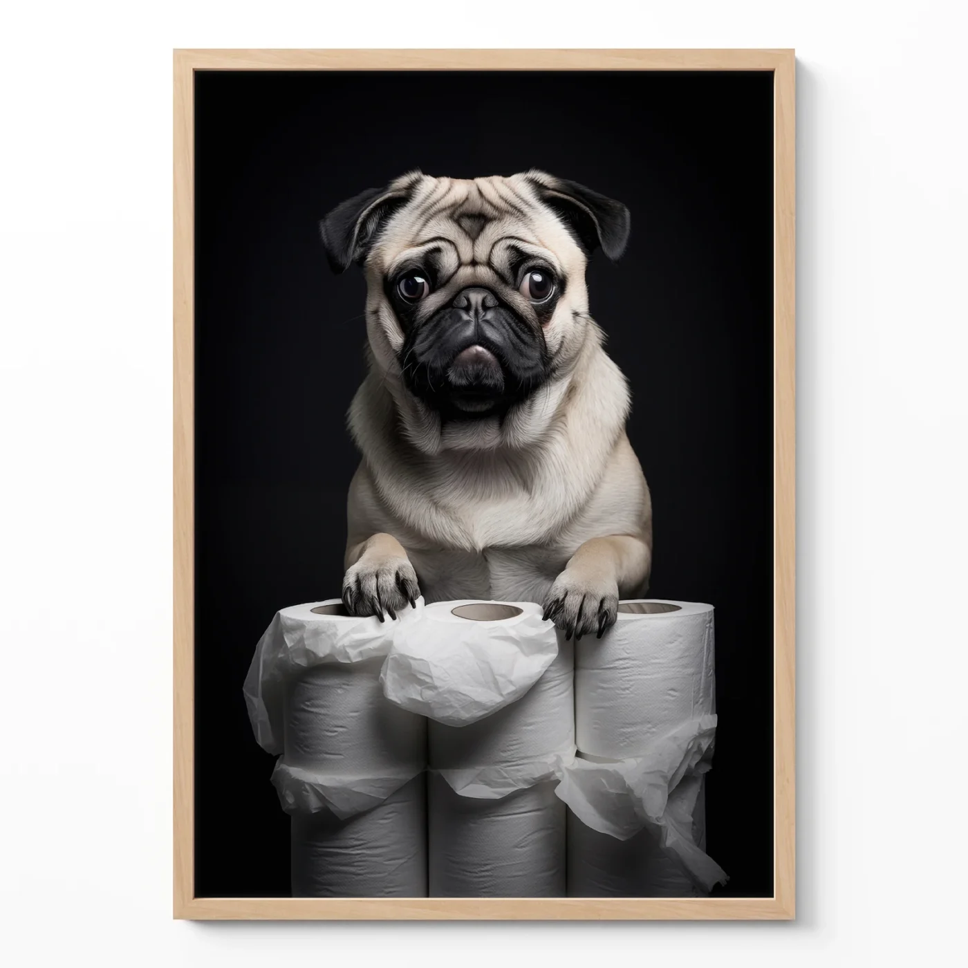 Pug wall art with dog sitting on toilet paper rolls on white background