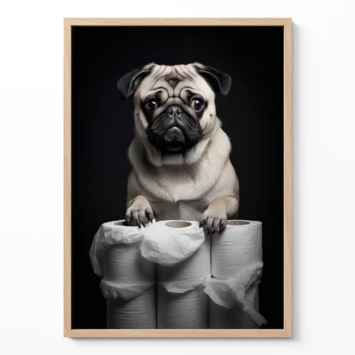Pug wall art with dog sitting on toilet paper rolls on white background