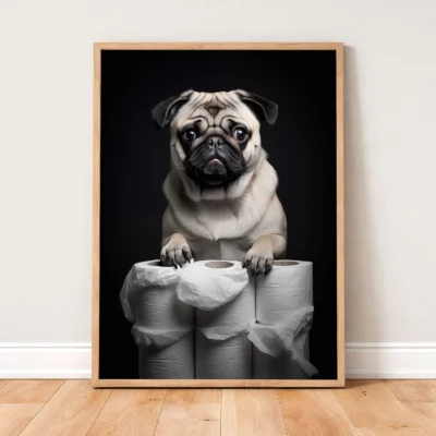 Pug wall art print leaning on wall with funny dog and toilet rolls