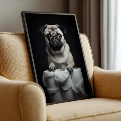 Pug wall art angled on armchair with dog and toilet paper design