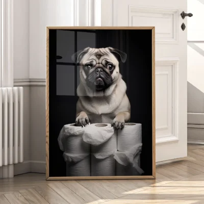 Pug wall art by door with playful dog and bold contrast