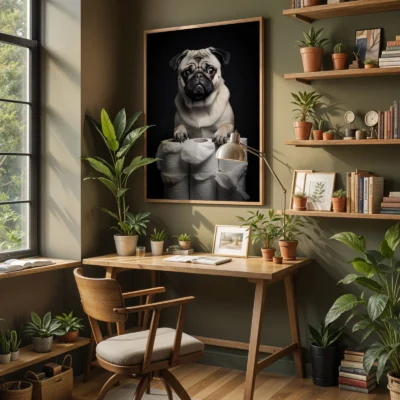 Pug wall art on wall above desk in modern interior with plants