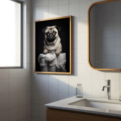 Pug wall art in bathroom above sink, featuring dog and toilet rolls