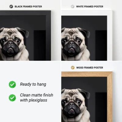 Pug wall art with black, white, and wood frame options shown