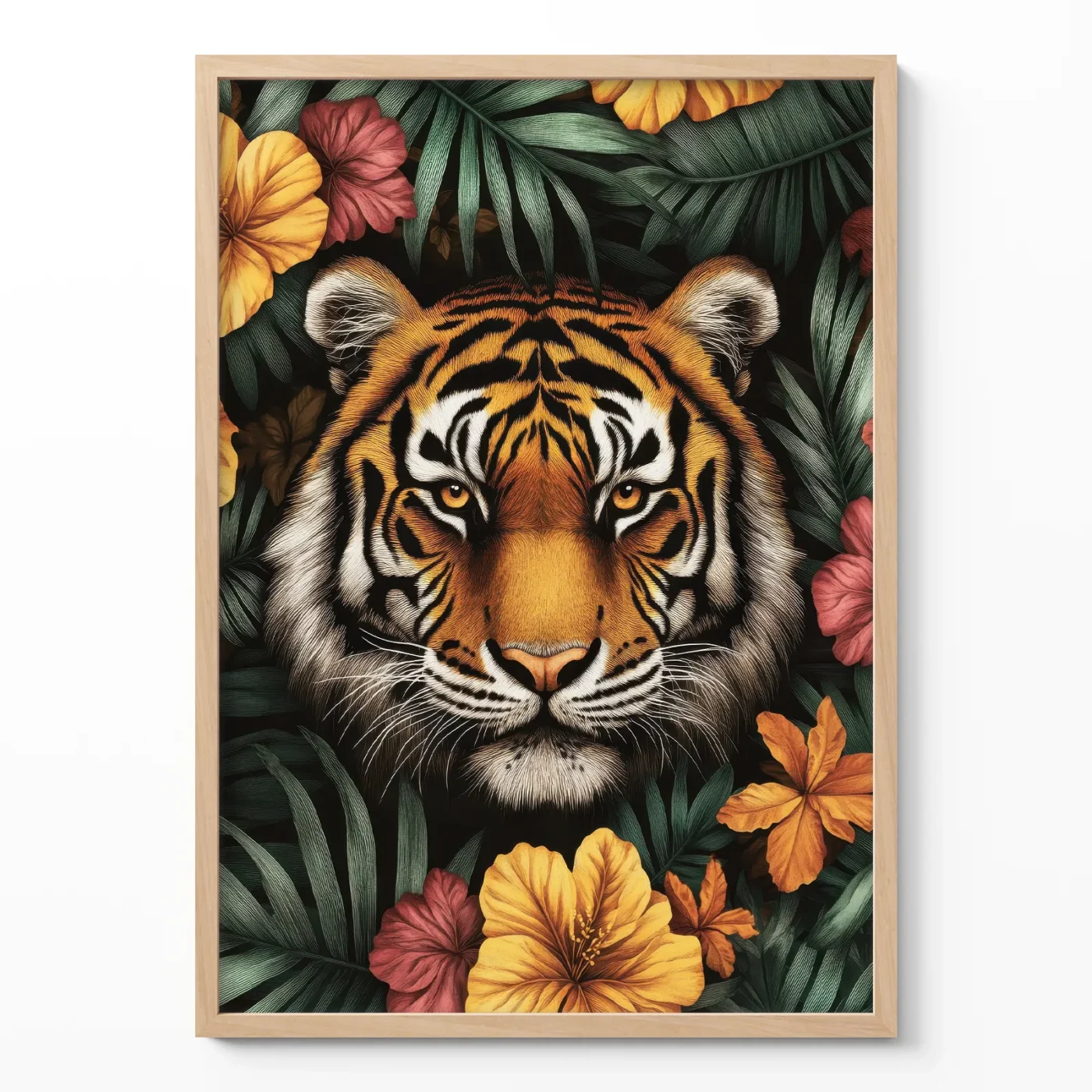 Tiger wall art with floral jungle background on white studio layout