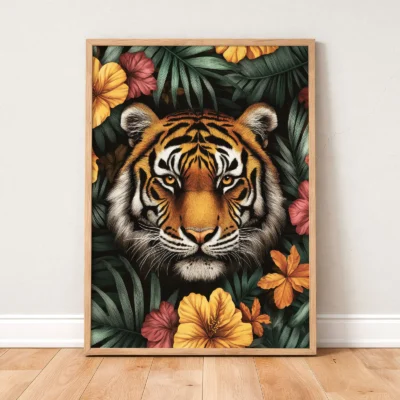 Tiger wall art unframed print leaning on wall with floral jungle design