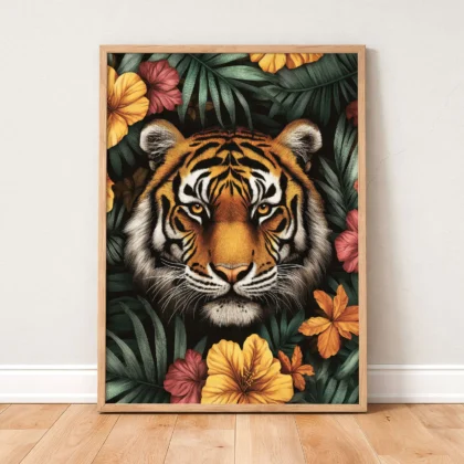 Wandbild – Tiger zwischen Blumen