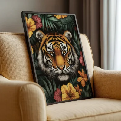 Tiger wall art resting on armchair with hibiscus flowers and leaves