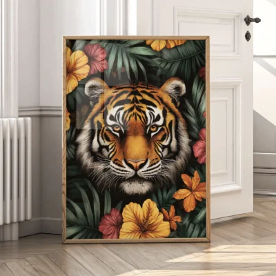 Tiger wall art placed near door with vivid tropical detailing