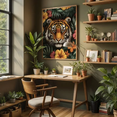Tiger wall art above desk in jungle-inspired interior with plants