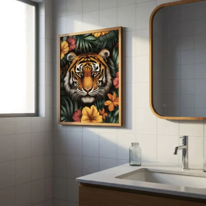 Wandbild – Tiger zwischen Blumen