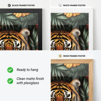 Tiger wall art with frame options and jungle leaf background