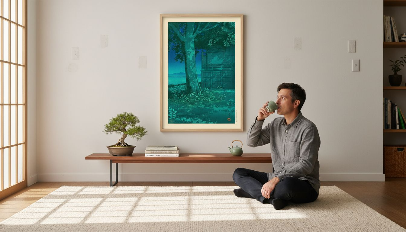 Man admiring Japanese landscape artwork at home
