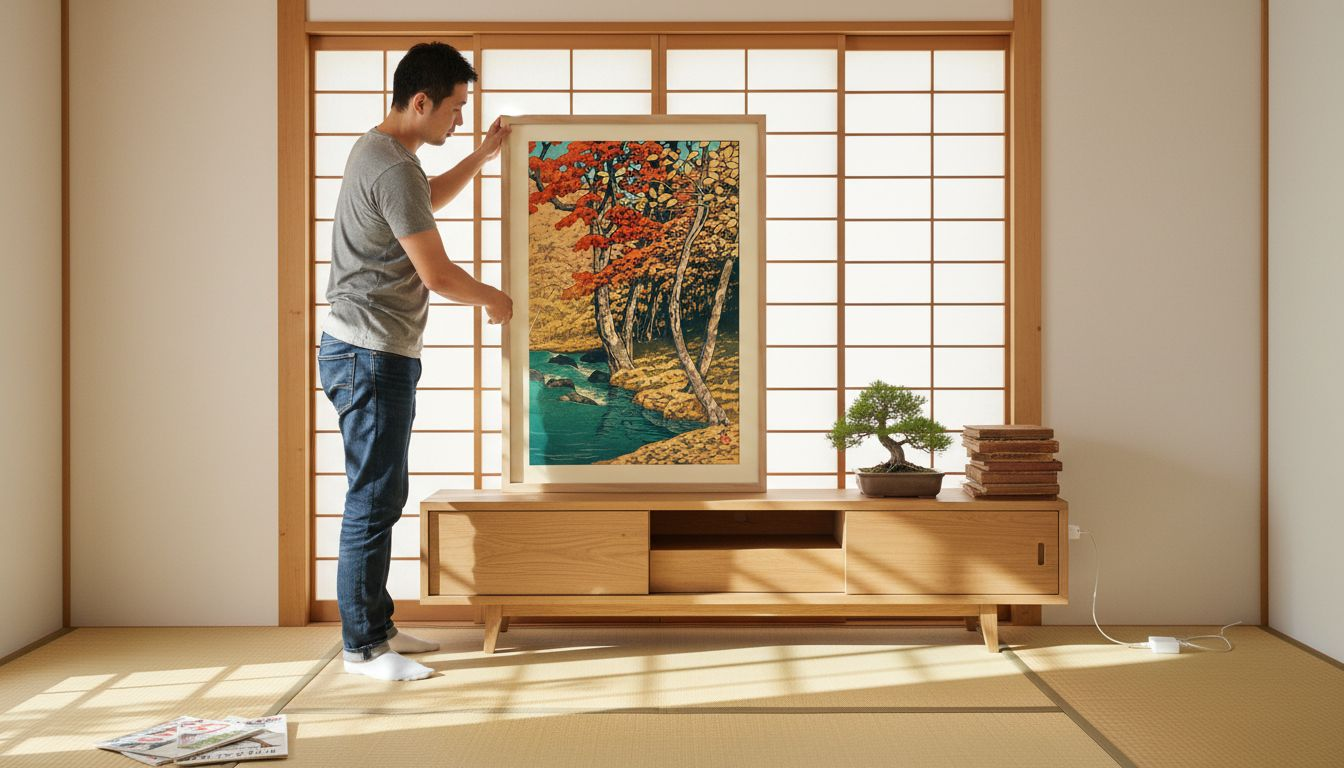 Person hanging vintage Japanese art in living room