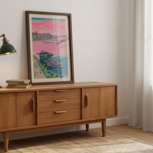 Framed Hasui print in vintage-inspired room