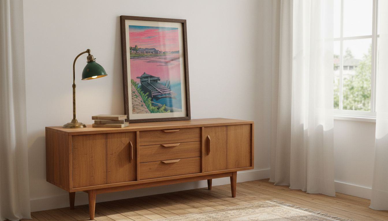 Framed Hasui print in vintage-inspired room