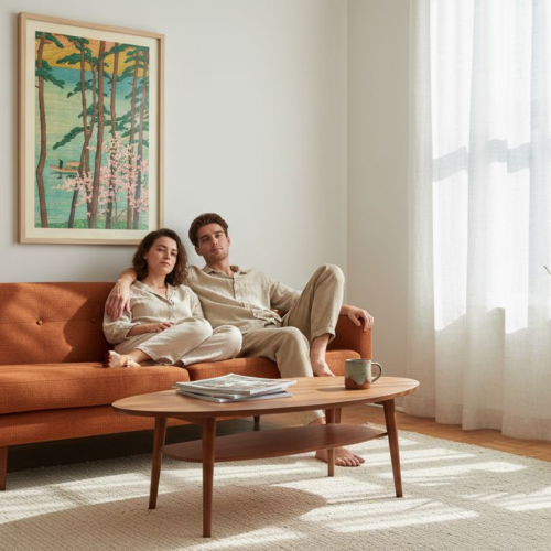 Couple viewing framed woodblock print at home