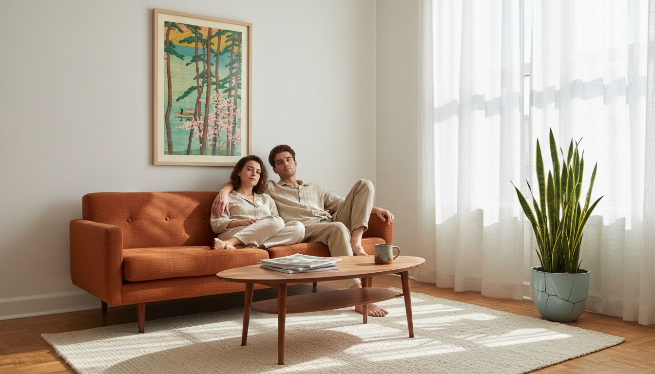 Couple viewing framed woodblock print at home