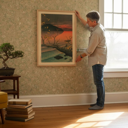 Arranging framed Hasui print in vintage living room