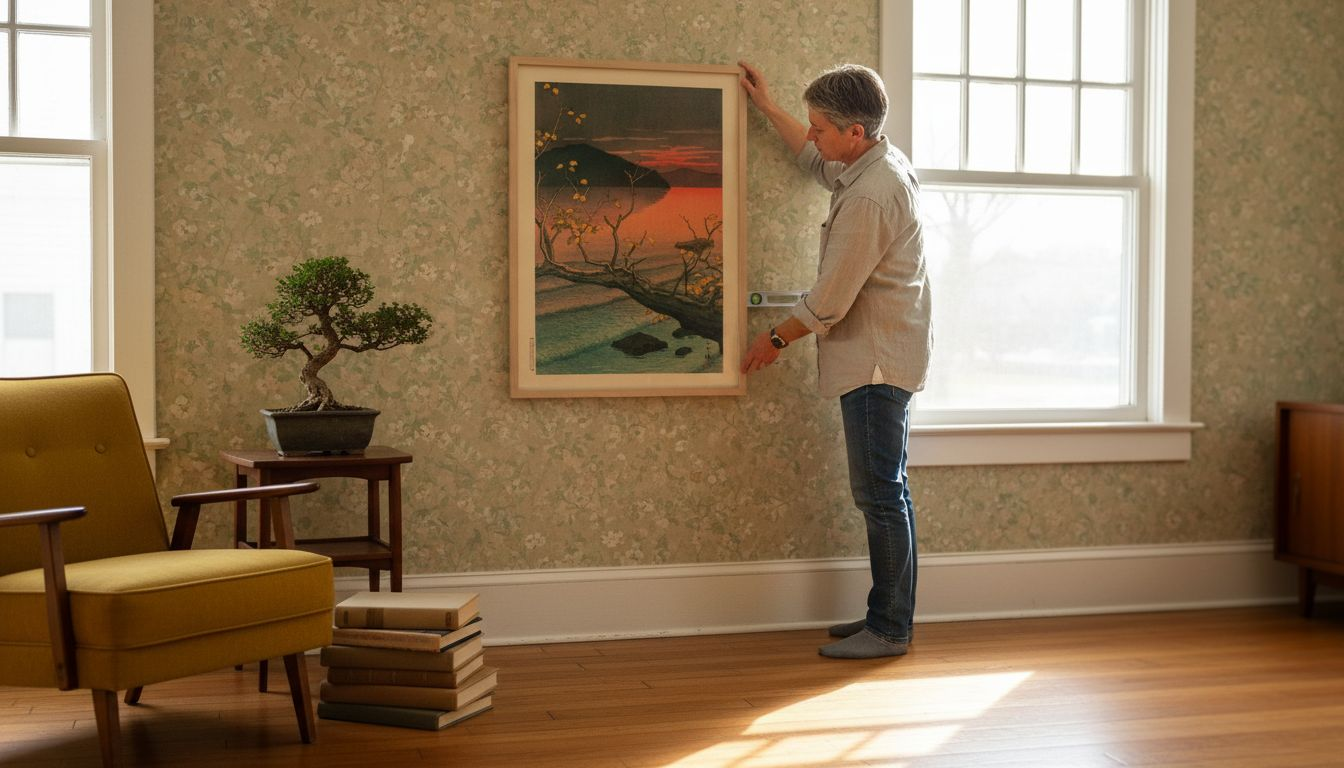 Arranging framed Hasui print in vintage living room