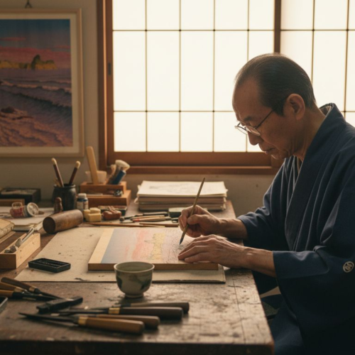 Artist sketching Shin-hanga print in studio