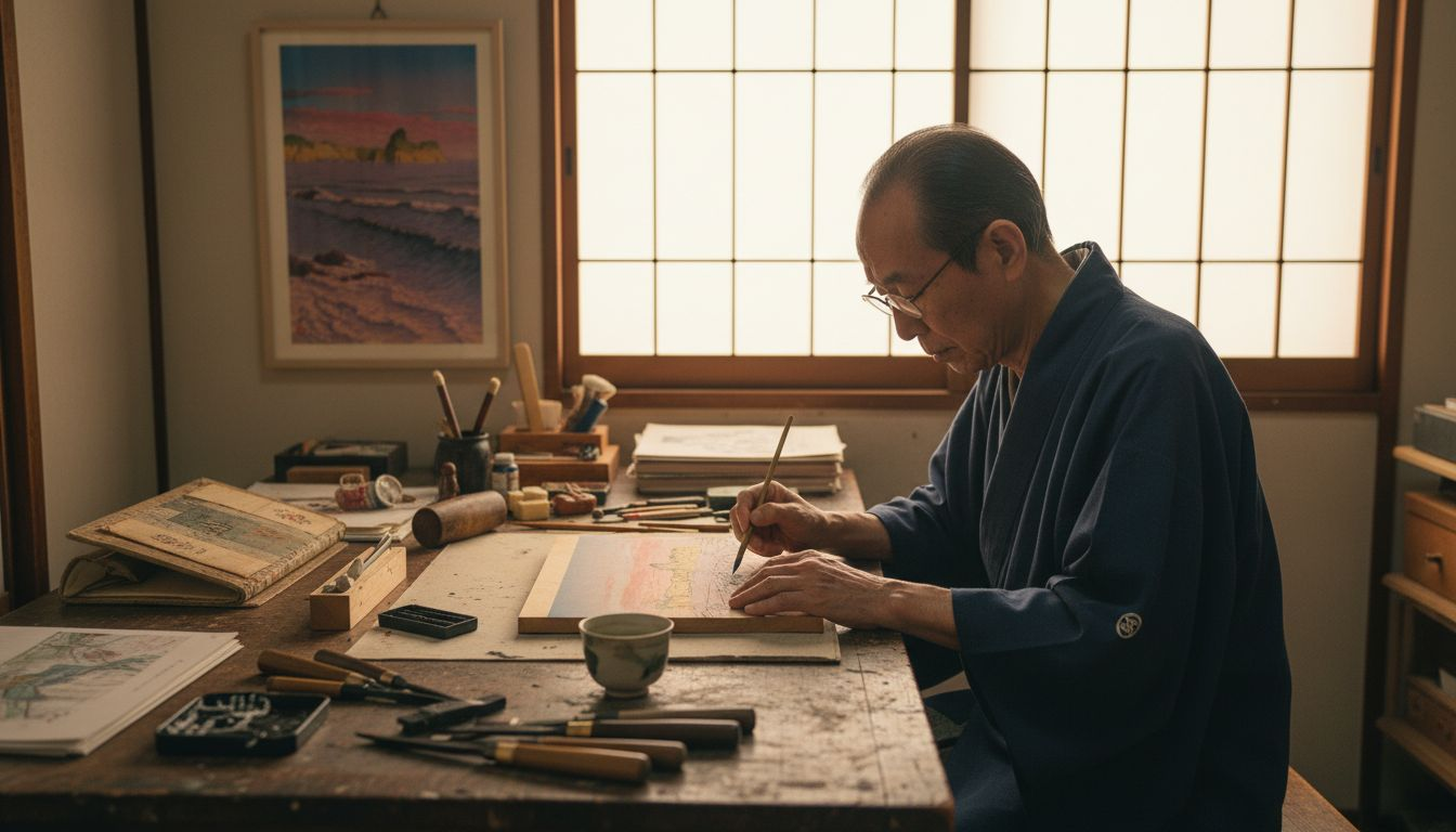 Artist sketching Shin-hanga print in studio